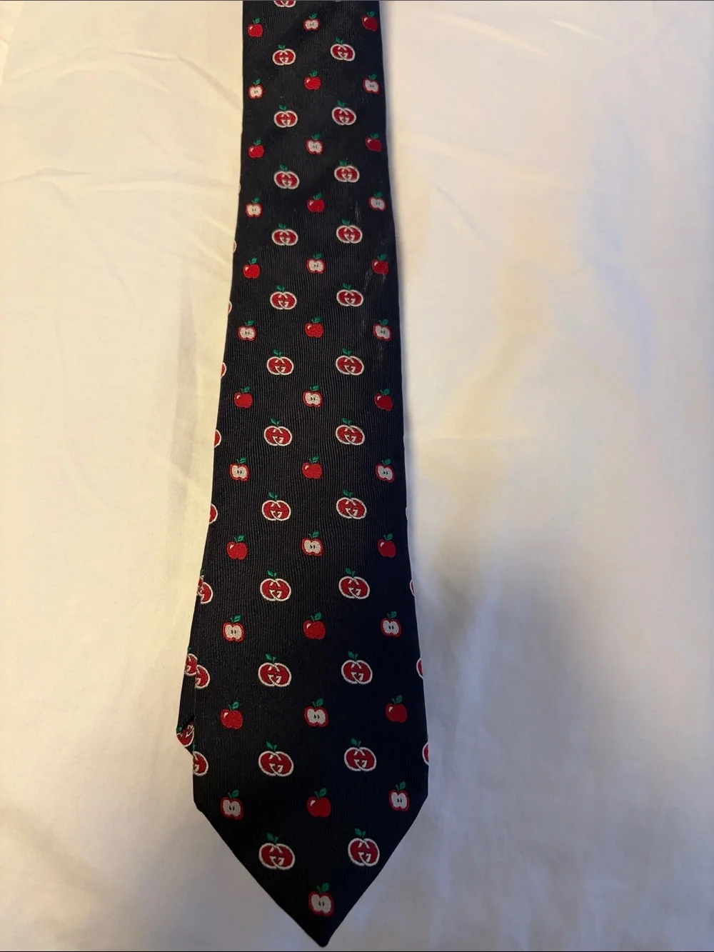 Gucci Black Silk Tie with Red Apple Motif